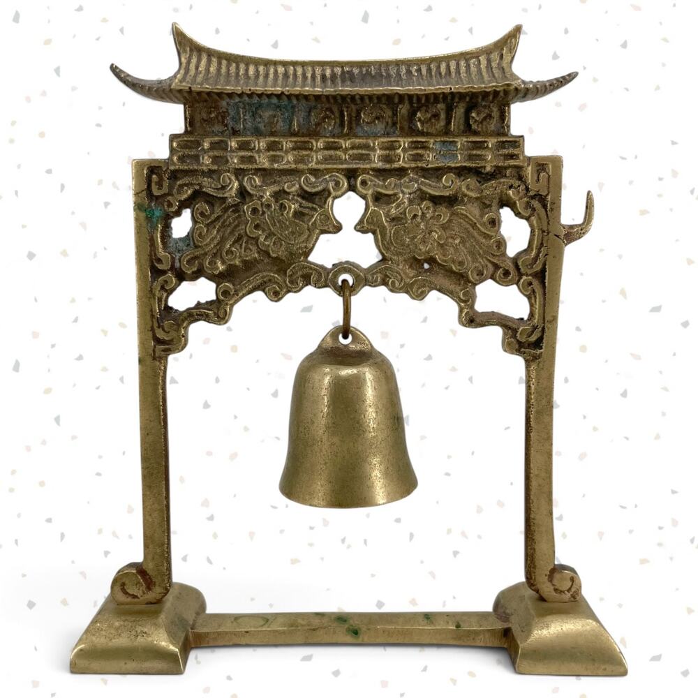 Vintage Brass Pagoda Hanging Bell Desk Gong Mid-Century Asian Art - NO Mallet